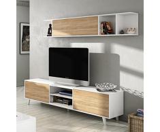 Habitdesign 0F6634BO - Mueble de salón Comedor, módulo TV + Estante, Color Blanco Brillo y Roble Canadian, Medidas: 180x54x41 cm de Fondo