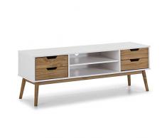VS Venta-stock Mueble TV Java 1 Puerta y 2 cajones Blanco/Cera, Madera de Pino, 140 cm Ancho, 40 cm Profundo y 52 cm Alto