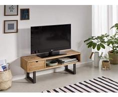 HOGAR24 ES Mesa televisión, Mueble TV salón diseño Industrial-Vintage, cajón y Estante, Madera Maciza Natural, Patas Negro. Medidas; 100 cm x 40 cm x 30 cm