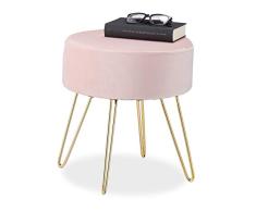 Relaxdays Taburete Terciopelo, Redondo, Banqueta Acolchada Elegante, Patas de Metal Doradas, Moderno, 40 x 40 cm, 70% Tablero de Fibra 20% Acero 10% Espuma, Rosa, Oro, 1 Unidad