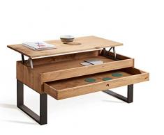 HOGAR24 ES Vanir - Mesa de Centro Elevable Cajón Deslizante, Diseño Industrial-Vintage, Madera Maciza Natural y Patas Color Negro. Medidas: 100x50x47 cm