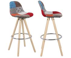 eSituro 2X Taburetes de Bar Sillas Altas, Asiento Tapizado de Lino Juego de 2 Taburete Alto Patas de Madera con Respaldo Sillas Comedor Patchwork SBST0217