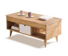 HOGAR24 ES Atelier-Mesa Centro Elevable Madera Maciza Natural, Cajón Deslizante Color Blanco. 100cm x 50cm x 47cm.