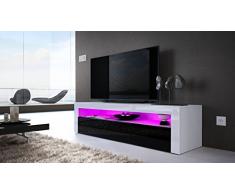 Mesa Baja para TV Valencia, Cuerpo en Blanco Mate/Frente en Negro de Alto Brillo con Marco en Blanco de Alto Brillo