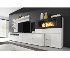 SelectionHome - Mueble salón Comedor con Chimenea de bioetanol, Acabado Blanco Mate y Blanco Brillo Lacado, Medidas: 290 x 170 x 45 cm de Fondo