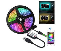 XUNATA USB Tira de LED RGB, Música y controlador Bluetooth, 5V 5050 Tiras de LED Adhesiva Cinta Gabinete Estantería TV Luz de Fondo Decoración (0.5m, No impermeable)
