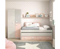 Habitdesign 0M7448Y - Armario Juvenil Infantil, Acabado en Blanco Alpes, Gris y Rosa Pastel, Medidas: 90 cm (Largo) x 200 cm (Alto) x 52 cm (Fondo)