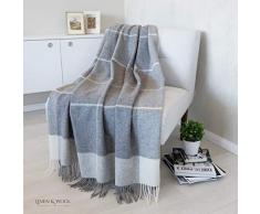 Linen & Cotton Manta Sofa/Mantas de Cama de Lujo Olivia a Cuadros - 100% Pura Lana Merino, Gris/Blanco (140 x 200cm) Plaid/Blanket/Funda Single Matrimonial de Lana Oveja Ideal para el Invierno