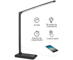 AUELEK Lámpara Escritorio LED, Lámparas de Mesa USB Recargable con Temporizador 52 SMD Leds, 5 * 10 Modos de Brillo, 2000mAh Flexo Escritorio Luz con Diseño Giratorio/Control Táctil (Negro)