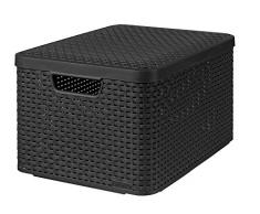 CURVER 205863 - Cesta con Tapa con Efecto Mimbre (tamaño Grande, Polipropileno), Color Gris