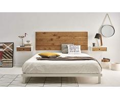 HOGAR24 ES- Cabecero Acabado Madera Maciza Natural Encerada + 2 mesitas flotantes Blanco + Frente cajón Encerado. Medidas cabecero: 155 x 60 x 2 cm.
