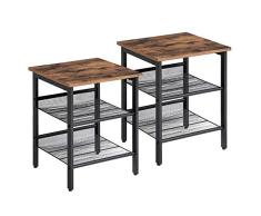 VASAGLE Mesita de Noche, Juego de 2 Mesitas de Estilo Industrial, Mesa Lateral, con Estantes de Malla Ajustable, Apto para Salón, Dormitorio, Vestíbulo, Oficina, Marrón Rústico y Negro LET24X