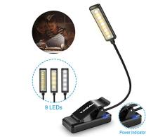 Luz de Lectura Recargable, YINSAN 9 LED Luz de Libro, 9 Modos de Brillo(Luz Cálido y Blanco), 360 ° Flexible Lampara de Lectura Pinza para Lectores Noche, E-Reader, Estudio, Cama, Tablet (Negro)