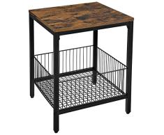 VASAGLE Mesa Auxiliar, Mesita de Noche, con Cesta de Almacenaje, para Dormitorio, Salón, Estructura Simple, Estilo Industrial, Marrón Rústico y Negro LET35BX