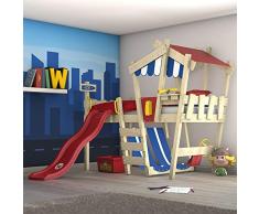 WICKEY Cama infantil CrAzY Hutty Cama alta Cama de aventura con somier, rojo-azul + tobogán rojo