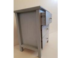 mesita de Noche de 3 cajones Fabricada en Madera Maciza de Pino Silvestre acabada en Gris Ceniza Envejecido no Requiere Montaje