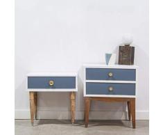 Mesita de noche vintage de madera con un cajón en color blanco y gris azulado perfecta para dormitorio o salón