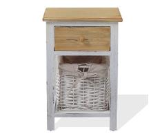 Rebecca Mobili Mesita de Noche pequeña, cómoda de Madera ya montada, 1 cajón 1 Cesta de Mimbre, Blanco marrón Claro, Estilo provenzal, Dormitorio- Medidas: 46 x 31 x 27 cm (AxANxF) - Art. RE4357
