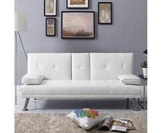 Bueuwe Sofá Cama Convertible, Sofá Cama Plegable y reclinable de Cuero sintético Sofá Cama reclinable Futon con Patas y reposabrazos de Metal, 2 portavasos y 3 ángulos Ajustables,Blanco