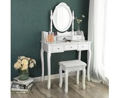 SONGMICS Blanco Tocador Mesa de Maquillaje Belleza 5 Cajones Espejo Giratorio Taburete Acolchado RDT15W