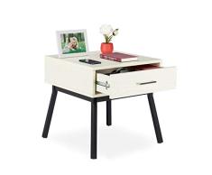 Relaxdays Mesita de Noche con Cajón Cuadrada, Mesa Auxiliar Metálica, Tablero de Partículas-Metal, 50x50x50 cm, Blanca