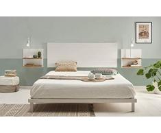 HOGAR24 ES Cabecero Madera Blanca + 2 mesitas con estantes Combinado Madera Maciza Natural Encerado y Fondo Blanco, Medidas cabecero; 155 x 60 x 2 cm