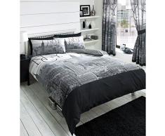 Just Contempo - Juego de Funda nórdica y Funda de Almohada Reversible, diseño Nueva York, en Blanco y Negro, Mezcla de algodón, Negro, Funda de edredón Doble King Size