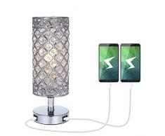 Lámpara de Mesa de cristal,Tomshine Lámpara Mesilla de Noche, Doble USB Recargable, Pantalla de Lámpara Plateada con Cristal K5,para Sala de Estar, Dormitorio, Comedor