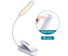 OMERIL Lampara de Lectura Recargable, 9 LED Luz Lectura Libros con Sensor Táctil, 3 Brillo Ajustable (Luz Cálido y Blanco), 360° Flexible Luz Pinza para Estudio, Cama, Libro, Tablet, PC y E-Reader