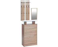 ts-ideen Juego de Perchero doble Espejo Zapatero Extra Delgado 2 Compartimientos con Cajón para accesorios. Roble Sonoma