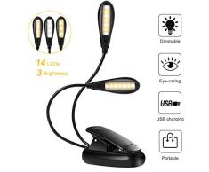 Luz de Lectura Recargable, 14 LED Luz de Libro, 9 Modos de Brillo (Luz Cálido y Blanco), Doble Cabeza, 360 ° Flexible Lampara de Lectura Pinza para Lectores Noche, E-Reader, Estudio, Cama, Tablet