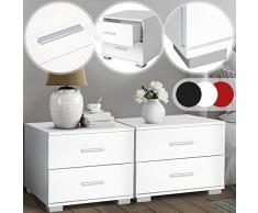 Set de 2 Mesilla - 49x34,5x30cm, Blanco, con 2 Cajones, Robusta MDF con Metal Asas - Mesita de Noche, Mesa Lateral de Madera, Armario de Cabecera