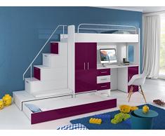 Cama alta TOMI – escritorio, armario, escalera y cama de invitados con frentes brillantes en blanco/negro/rosa/gris/violeta/azul