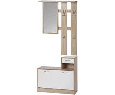 ts-ideen Juego de 3 Piezas Perchero Espejo y banco zapatero para pasillo com cajón de accesorios. Blanco y Roble Sónoma
