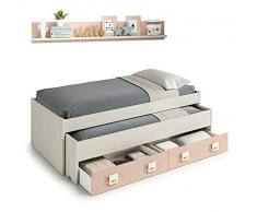Mobelcenter - Cama Nido con cajones y estantería Nube - Color Blanco y Rosa Pastel - Conjunto Dormitorio Infantil Juvenil (199cm de Ancho x 69cm de Altura x 96cm de Fondo) - 0983