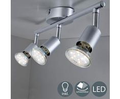 B.K.Licht - Lámpara de techo con 3 Focos LED GU10, focos ajustables y giratorios para interiores, de luz blanca cálida, 3W y 250 lúmenes, 3000K, forma recta en barra, color plata
