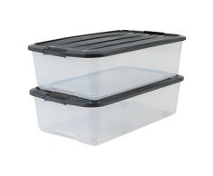 Iris Ohyama, lote de 2 cajas de almacenamiento debajo de la cama con ruleta - Top Box - TBU-40, plástico, transparente / negro, 40 L, 68 x 39 x 19.3 cm