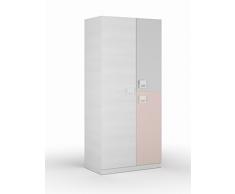 Armario ropero juvenil infantil 3 puertas, barra interior y 3 estantes color blanco, gris y rosa pastel de dormitorio (medida: 90cm ancho x 200cm altura x 52cm fondo)