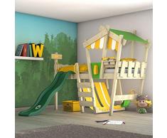 WICKEY Cama infantil CrAzY Hutty Cama alta Cama de aventura con somier, manzana-amarillo + tobogán verde