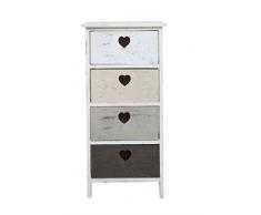 Rebecca srl Cajonera Cómoda 4 Cajones Corazon REBECCA DOLCE CASA Madera Blanco Gris Beige Romantico Decapado Baño Dormitorio (Cod. RE4394)