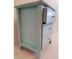 Mesita de Noche de 3 cajones Fabricada en Madera de Pino Silvestre acabada en Verde Turquesa Envejecido no Requiere Montaje