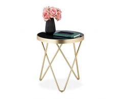 Relaxdays Mesa Auxiliar Redonda Decorativa, Mesita sofá Retro Brillante, Metal y Cristal, 1 Ud, 46x42 cm, Dorado, Negro/Doado, 46 x 42 cm