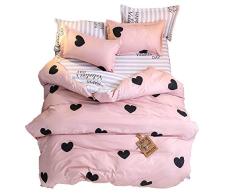 ED-Lumos Juego de Ropa de Cama ４Piezas para Cama 90cm Poliéster Funda nórdica 150x200cm Sábana encimera 200x230cm Funda de Almohada 48x74cm Poliéster Color melocotón con Corazón Negro