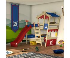 WICKEY Litera CrAzY Castle Cama infantil doble 90x200 Cama alta con tobogán, escalera, techo y somier, rojo-azul + tobogán rojo