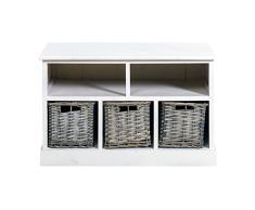 Rebecca Mobili Cajonera de Mimbre y Madera, Banco contenedor Blanco con 2 estantes, 3 cestas, Estilo Country, Entrada y Dormitorio. - Medidas: 43 x 70 x 33,5 cm (AxANxF) - Art. RE4164