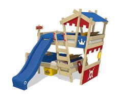WICKEY Litera CrAzY Castle Cama infantil doble 90x200 Cama alta con tobogán, escalera, techo y somier, rojo-azul + tobogán azul