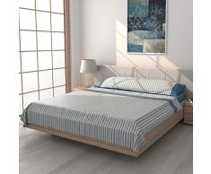 Don Descanso – Juego de Sábanas y Fundas de Almohada Vega Sábana Bajera Ajustable, Sábana Encimera y Funda de Almohada para Cama de 90 cm. (Disponible Varios tamaños y Colores) Estampado Rayas Azul