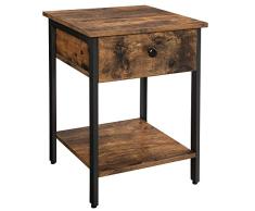 VASAGLE Mesita de Noche, Mesa Auxiliar con Cajón y Estante, para Dormitorio, Salón, Fácil de Montar, Metal, Diseño Industrial, Marrón Rústico LET55BX