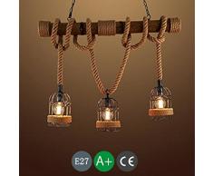Retro Vintage Luz de Techo Luces de Cuerda Lámpara de Cuerda de Cáñamo Rústico Hierro Candelabro de Luz Colgante Ronda que cuelga Jaula de Hierro Lámpara Colgante Iluminación E27 Mesa de Comedor