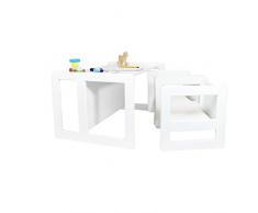 3 en 1 Muebles Para Niños, Conjunto Multifuncional de 3 Piezas, Dos Sillas o Mesas Pequeñas y Un Banco o Una Mesa Grande de Madera de Haya, de Colores Blanco